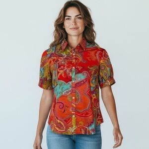 LAUREN RALPH LAUREN - SZ L. -BRIGHT COLORS & PAISLEY DESIGN - BALLOON SLEEVE B21